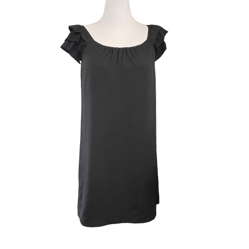 Ann Taylor Loft Little Black Dress Tiered Ruffle Sleeve Zip Side Off Shoulder 10